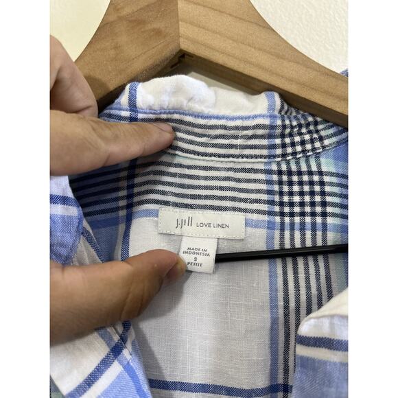 Linen Button Up Tunic Shirt Check Plaid Dress Coastal Cottage Resort Preppy - Picture 5 of 15